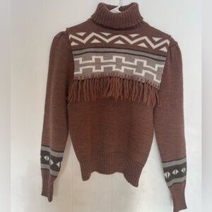 Vintage Hewlett sweater medium western geometric fringe 70s 80s brown pink knit
